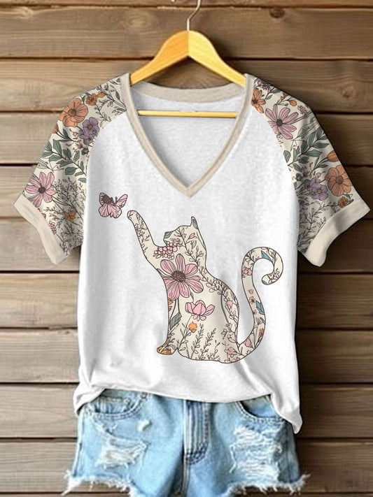Camiseta Casual do gato das flores silvestres das mulheres
