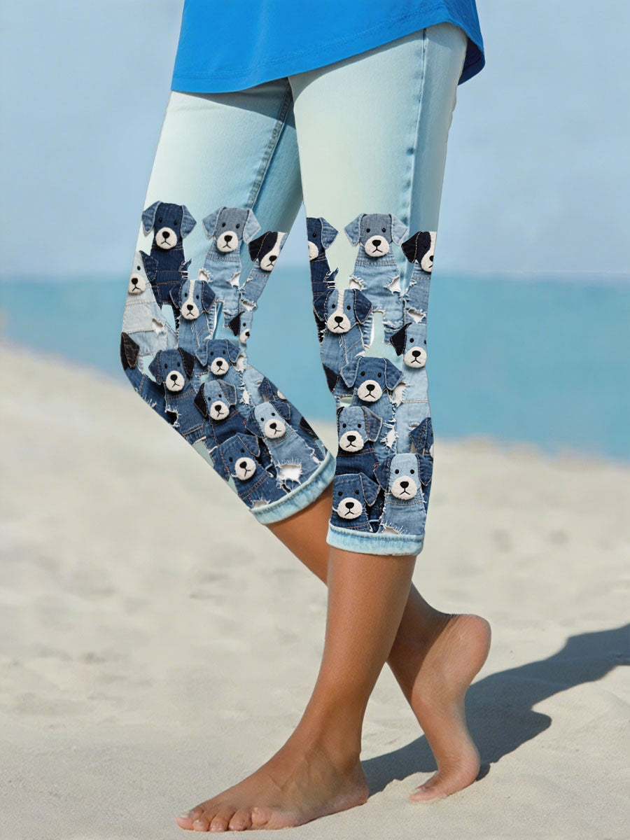 Denim cão das mulheres cortadas leggings