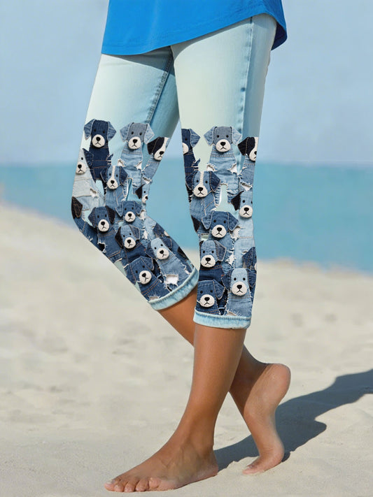 Denim cão das mulheres cortadas leggings