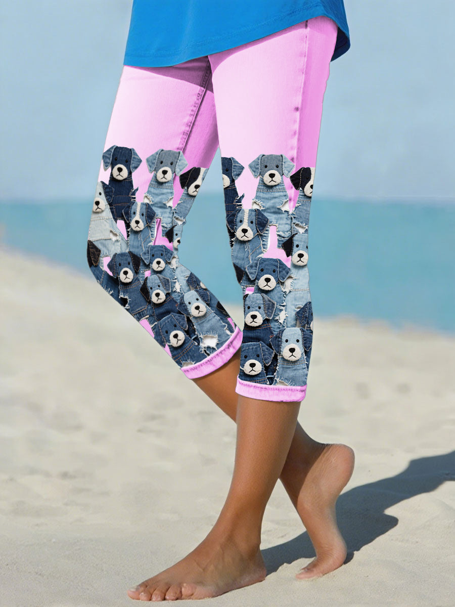 Denim cão das mulheres cortadas leggings