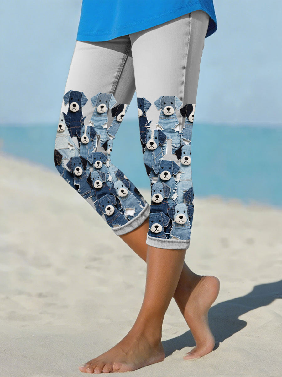 Denim cão das mulheres cortadas leggings