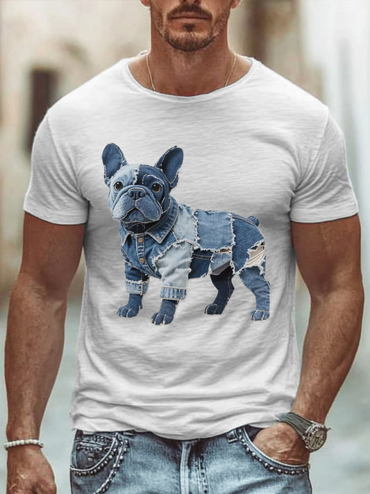Adorável Bulldog Patchwork arte t-shirt dos homens