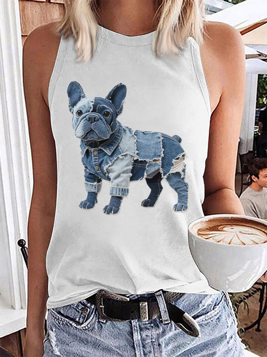 Bulldog padrão Patchwork arte Tank Top das mulheres