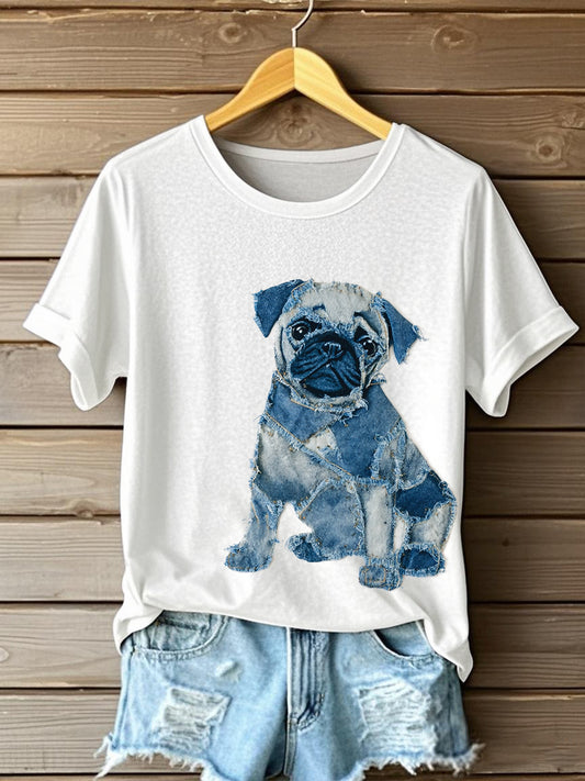 Cachorro bonito patchwork arte manga curta t-shirt feminino