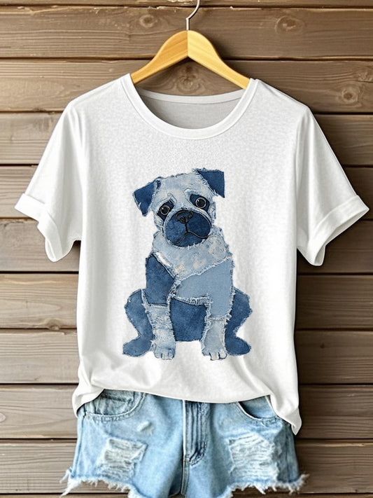 Cachorro bonito patchwork arte manga curta t-shirt feminino