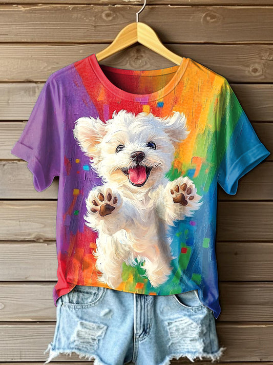Cão bonito pintura a óleo arte manga curta camiseta feminino