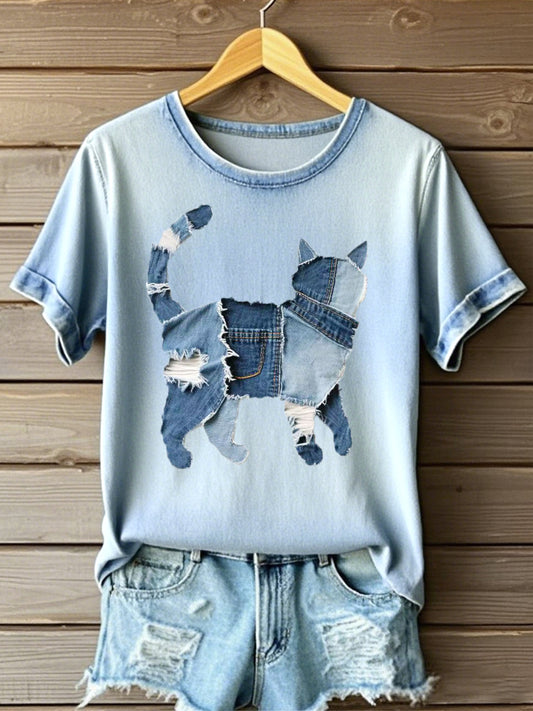 Gato bonito padrão Patchwork arte t-shirt feminino