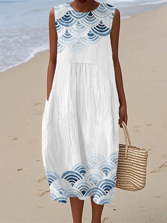 Ocean Wave inspirado vestido de linho impressão feminino
