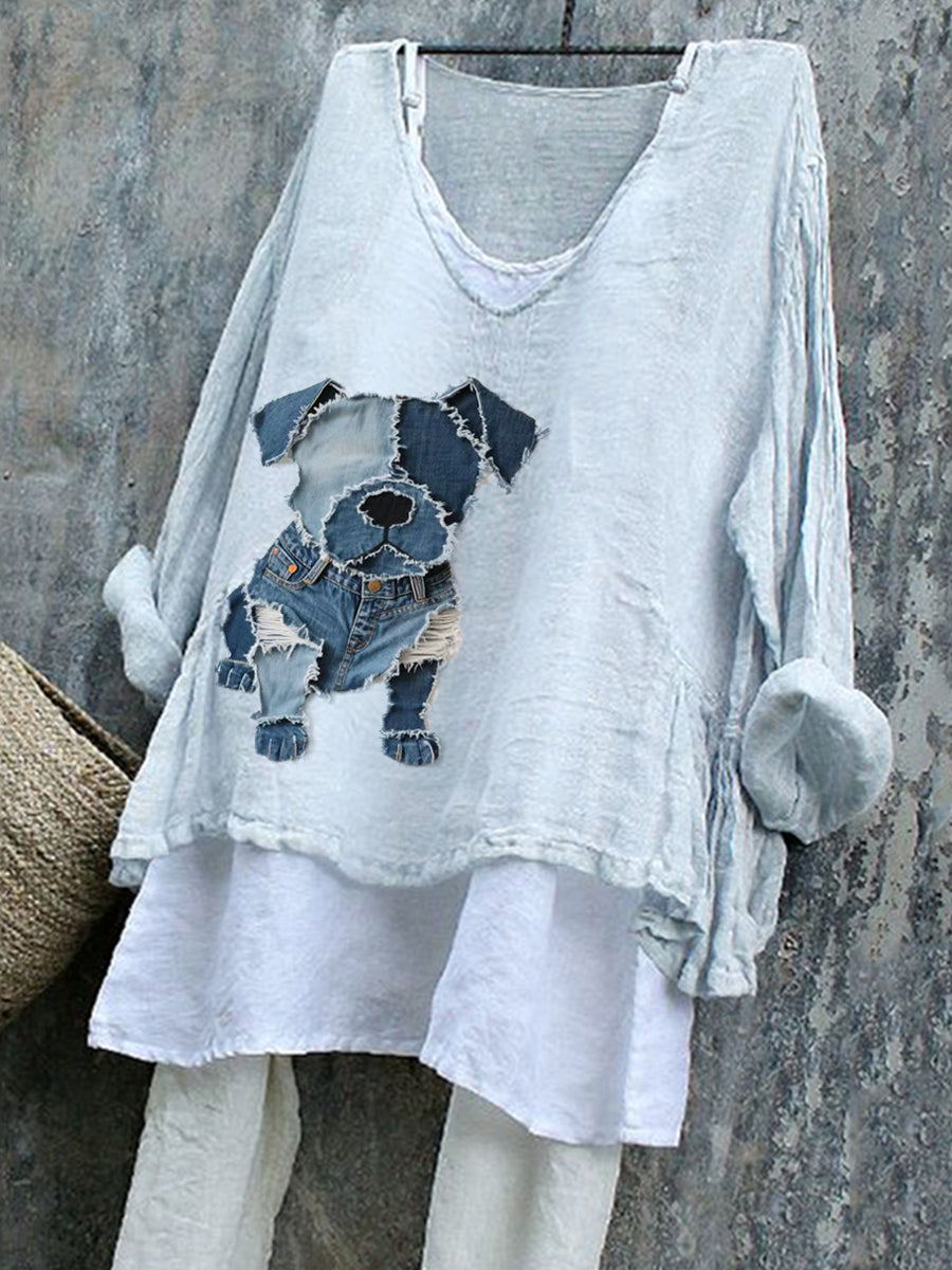 Cão bonito padrão Patchwork Art linho camisa do mulheres