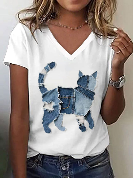 Gato bonito padrão Patchwork arte v-Neck t-shirt feminino