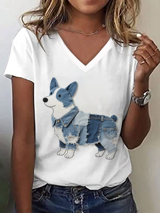 Adorável Corgi padrão Patchwork arte t-shirt das mulheres