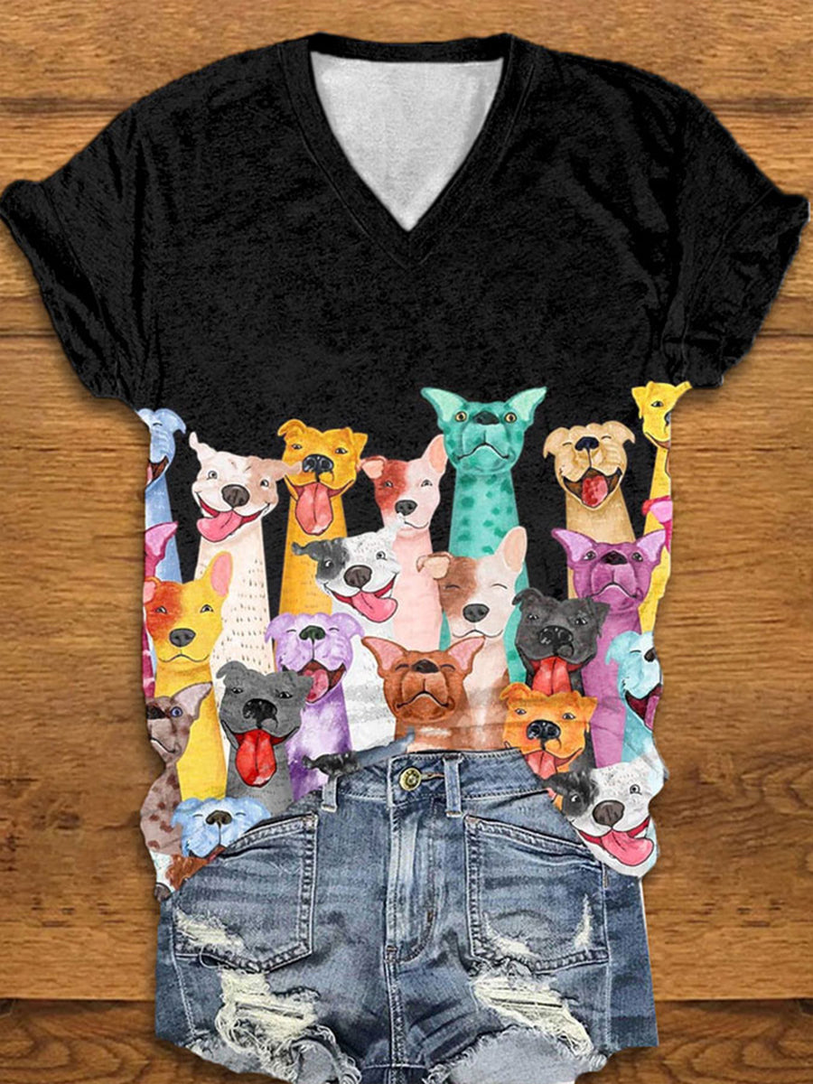 Cães coloridos de mulher imprimem camiseta de manga curta