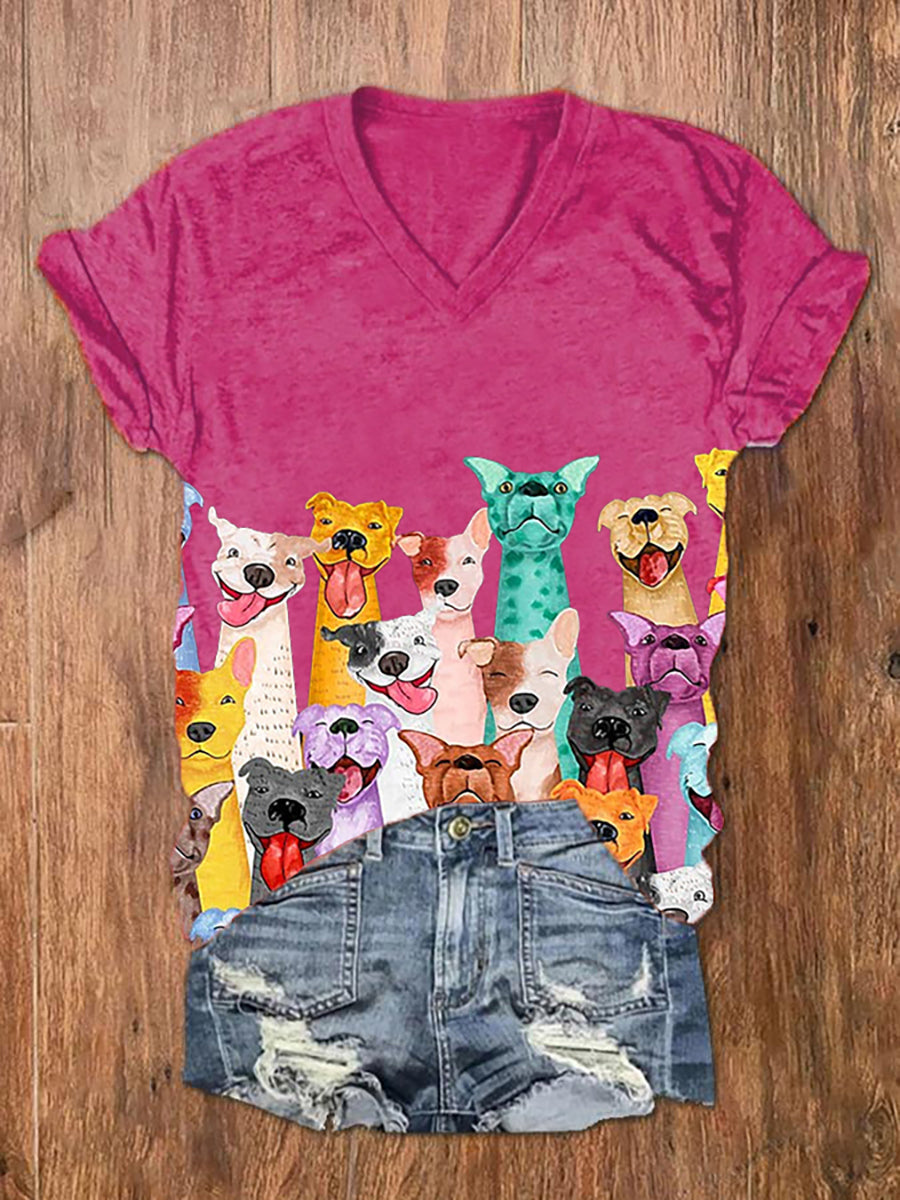 Cães coloridos de mulher imprimem camiseta de manga curta