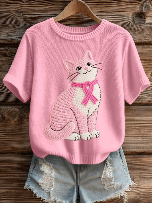 Adorável gato Crochet padrão aconchegante Top de malha feminino