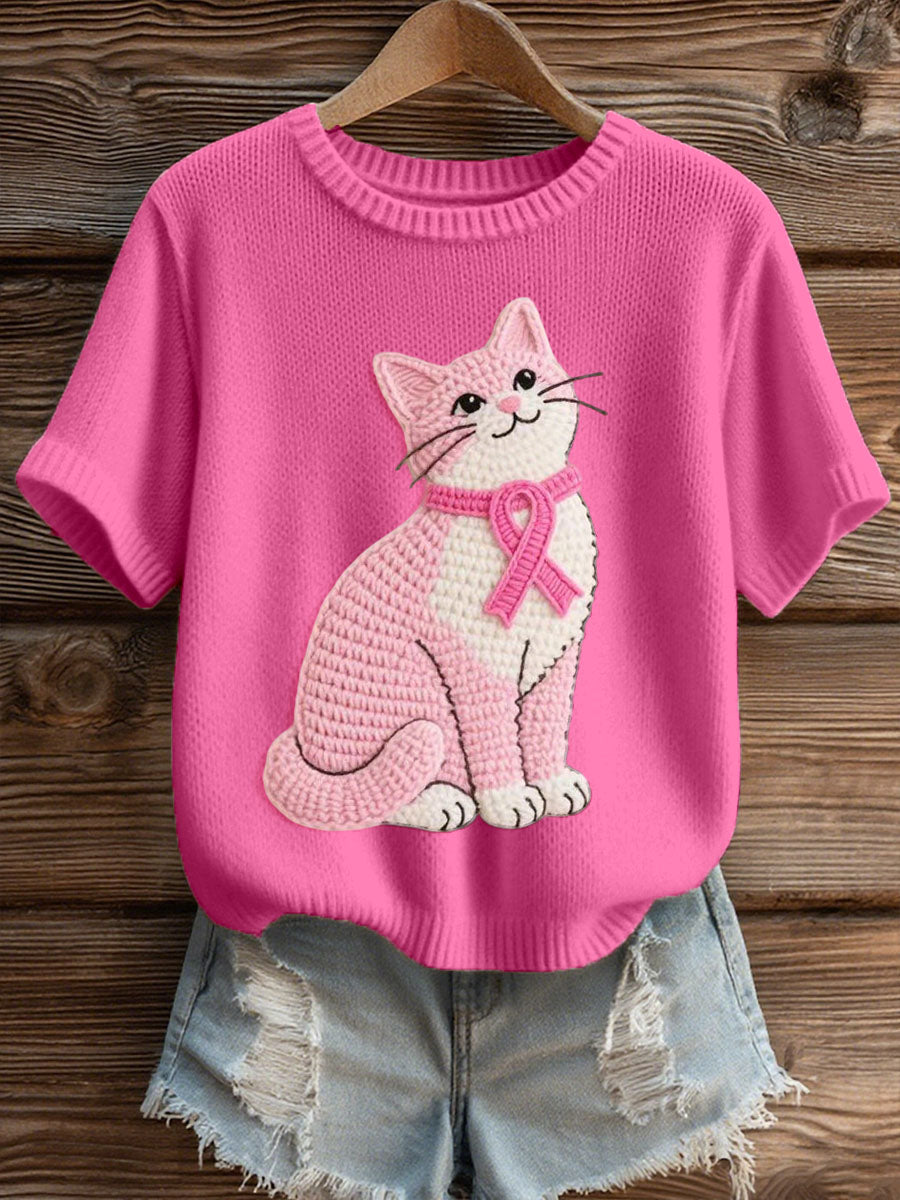 Adorável gato Crochet padrão aconchegante Top de malha feminino