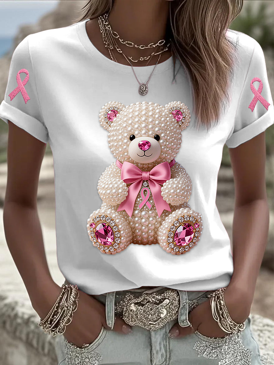 Retro mama câncer pérola arco urso impressão manga curta t-shirt