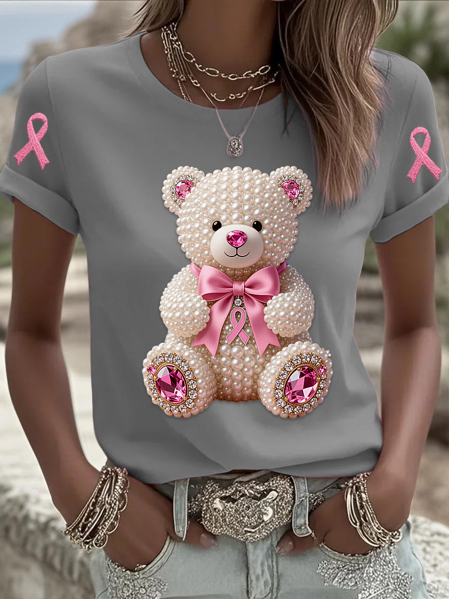 Retro mama câncer pérola arco urso impressão manga curta t-shirt