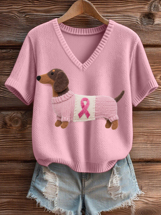 Feltro arte Dachshund padrão aconchegante v-Neck Knit Top feminino