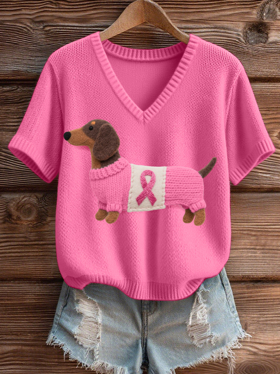Feltro arte Dachshund padrão aconchegante v-Neck Knit Top feminino