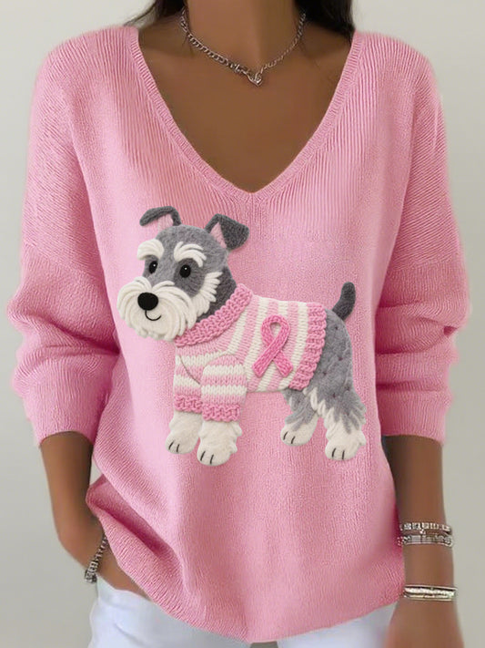 Feltro arte Schnauzer padrão v-Neck Top com nervuras do mulheres