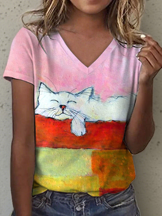 Pintura a óleo Art Cat impressão v-Neck t-shirt das mulheres