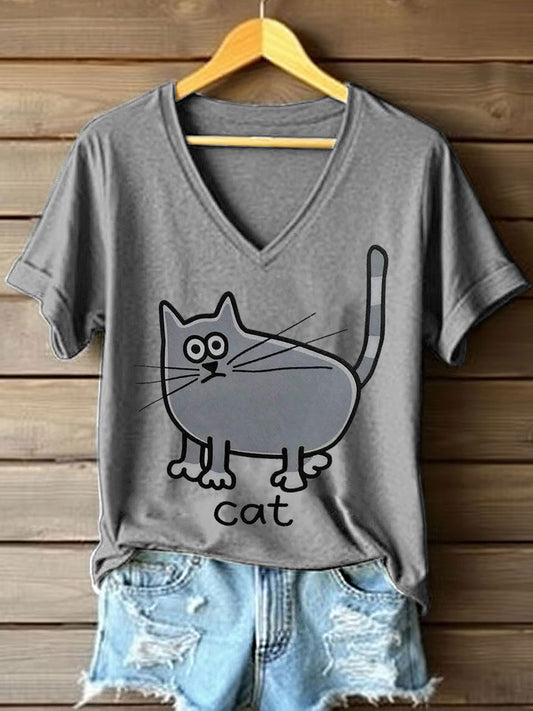 Gato bonito das mulheres imprime t-shirt do decote v