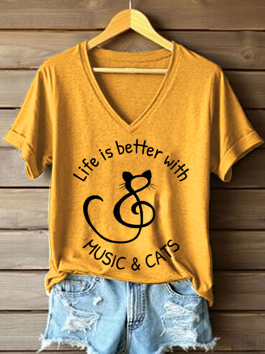 A vida das mulheres é melhor com música e gatos imprimir V-Neck T-shirt