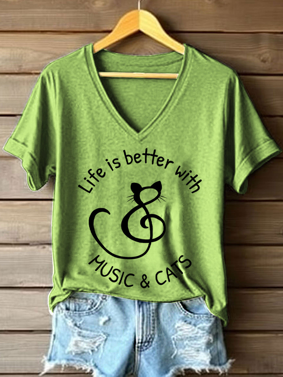 A vida das mulheres é melhor com música e gatos imprimir V-Neck T-shirt