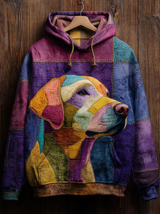 Vintage Patchwork Dog Impressão Arte Casual Hoodie