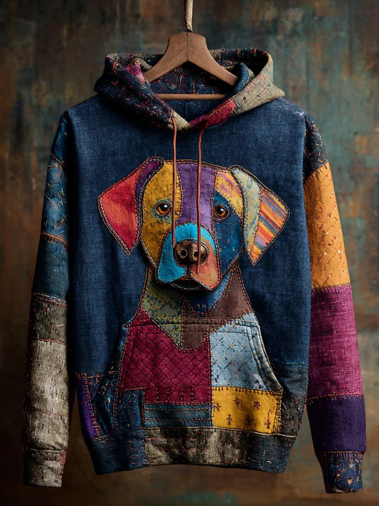 Vintage Patchwork Dog Impressão Arte Casual Hoodie