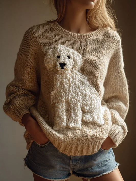 Vintage cão fuzzy do mulheres sentiu camisola de malha aconchegante