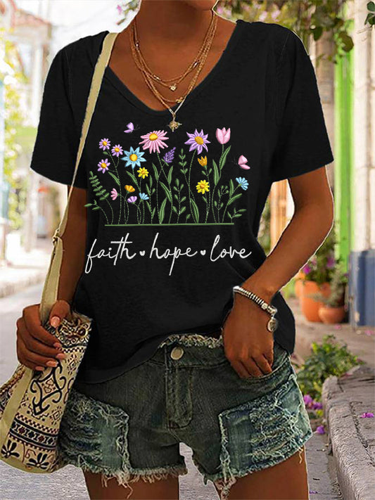 Floral fé esperança amor impressão Casual V-Neck Tee das mulheres