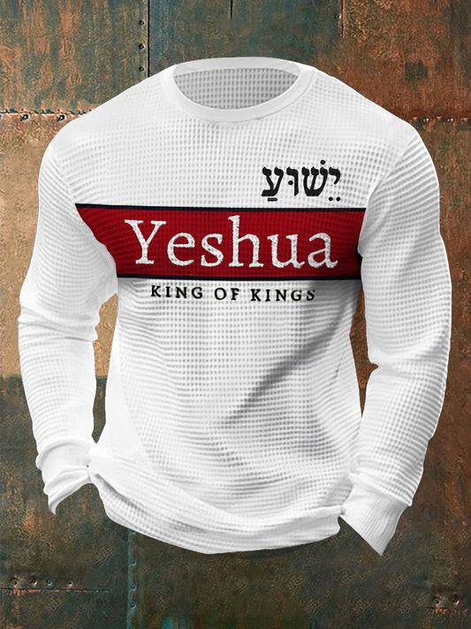 Verso da Bíblia dos homens “Yeshua Rei DOS Reis Senhor Dos Senhores” Impresso Waffle Manga Longa T-Shirt