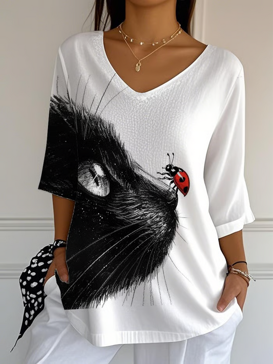 Gato feminino impresso camiseta de meia manga