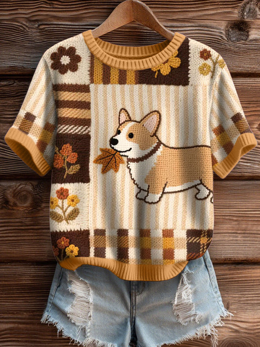 Adorável Corgi Pattern Cozy Top de malha feminino