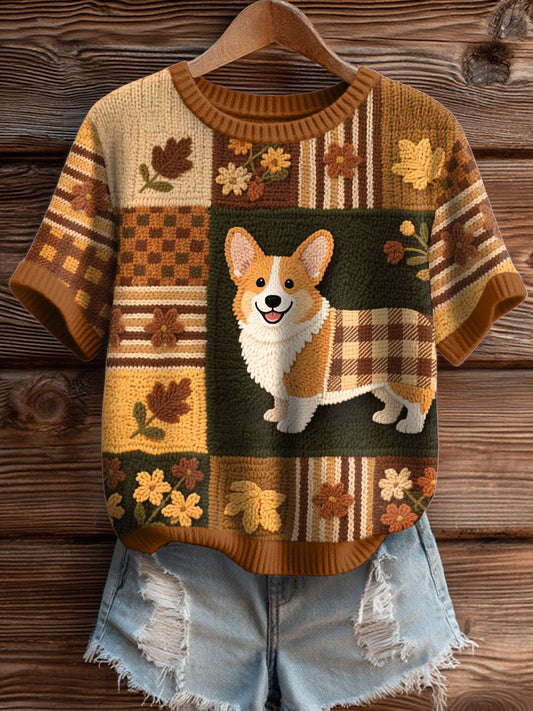 Adorável Corgi Pattern Cozy Top de malha feminino