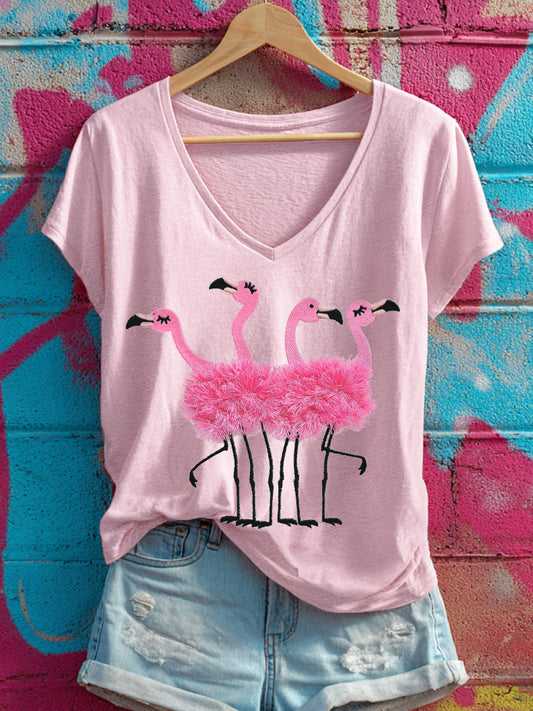 Camisetas Rosa Flamingo V-Neck Feminina
