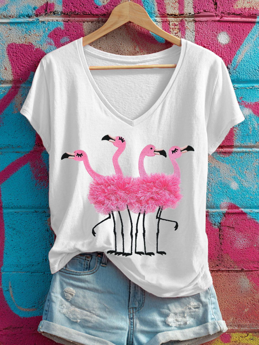 Camisetas Rosa Flamingo V-Neck Feminina