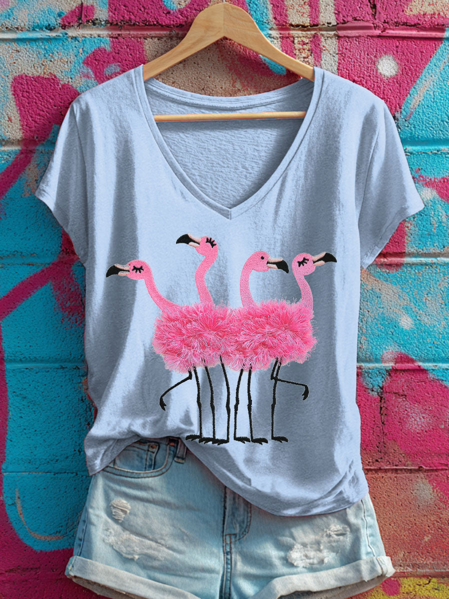 Camisetas Rosa Flamingo V-Neck Feminina