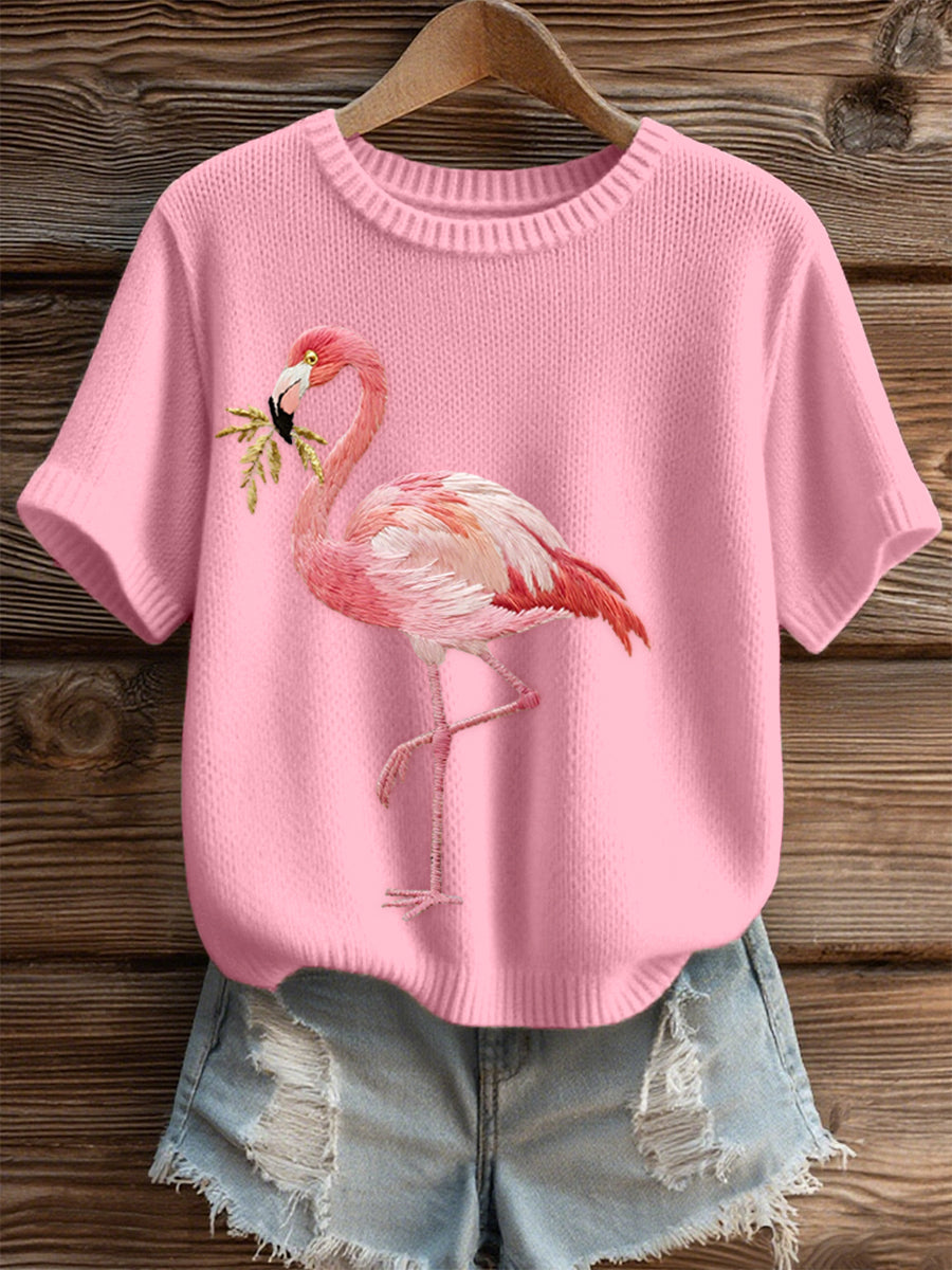 Flamingo rosa feminino bordado Top de malha aconchegante