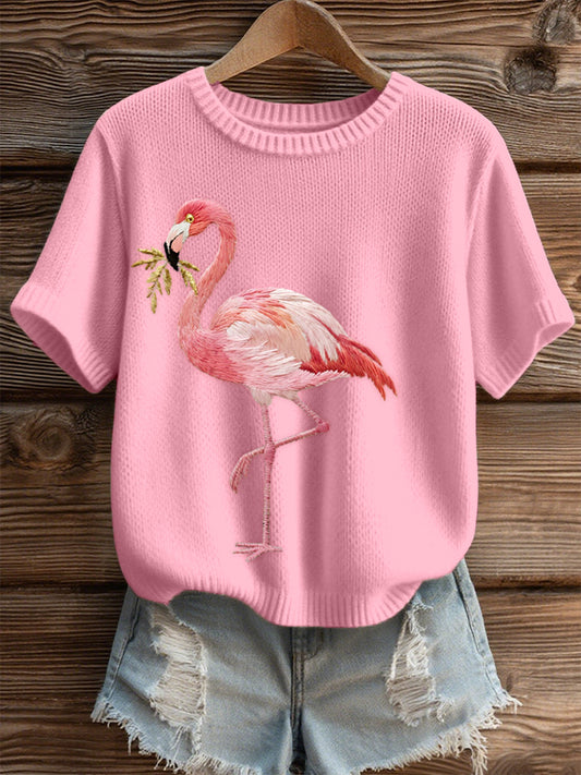 Flamingo rosa feminino bordado Top de malha aconchegante