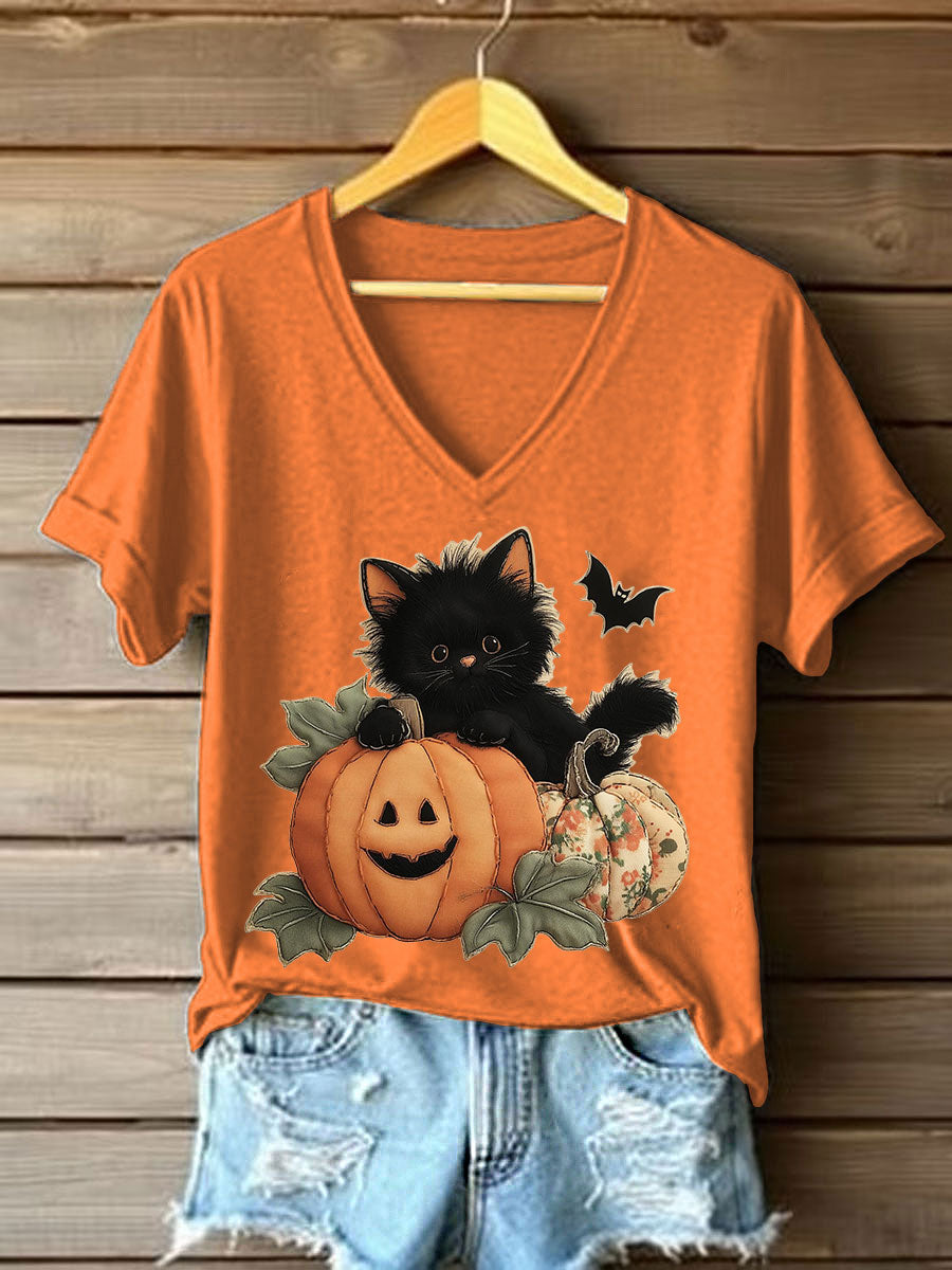 Patchwork de abóbora gatinho preto feminino impresso camiseta Casual