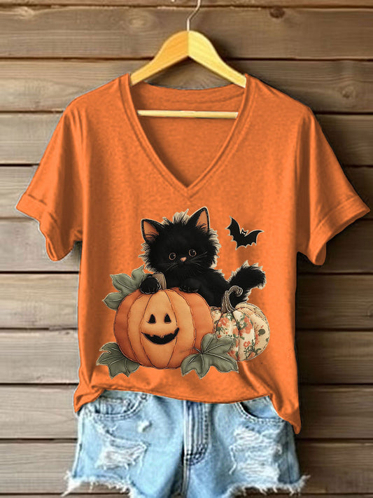 Patchwork de abóbora gatinho preto feminino impresso camiseta Casual