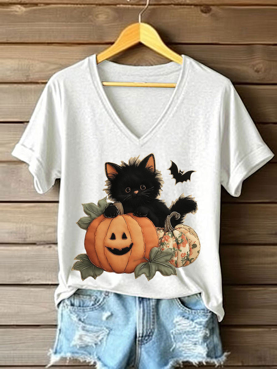 Patchwork de abóbora gatinho preto feminino impresso camiseta Casual