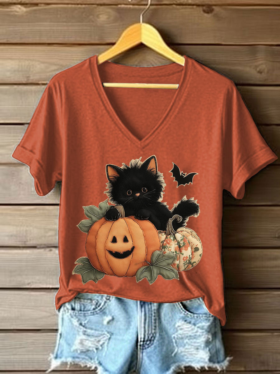 Patchwork de abóbora gatinho preto feminino impresso camiseta Casual