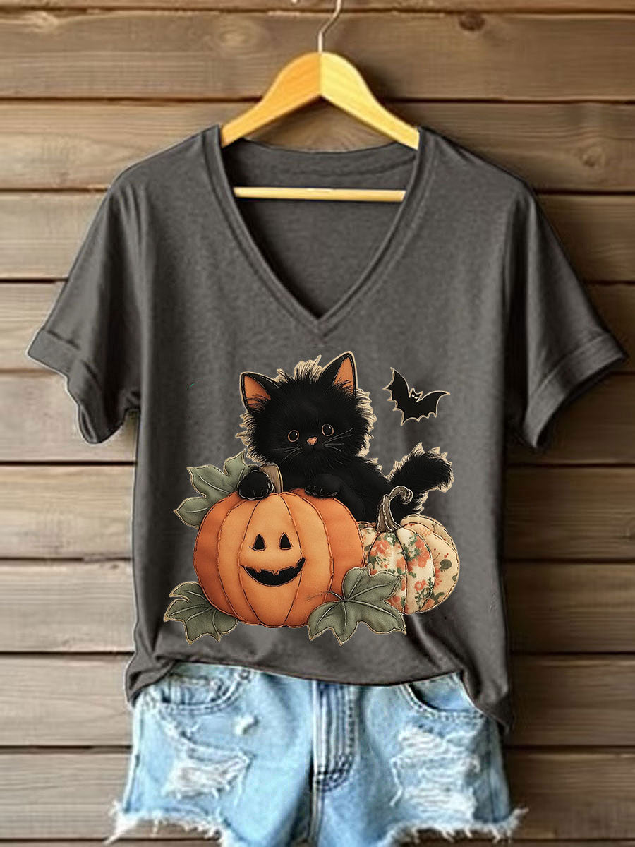 Patchwork de abóbora gatinho preto feminino impresso camiseta Casual