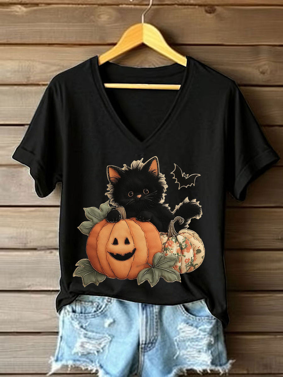 Patchwork de abóbora gatinho preto feminino impresso camiseta Casual