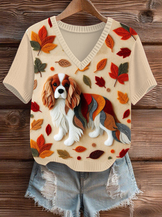 Outono feminino Caído Patchwork Dog V-Neck Camisola de malha confortável