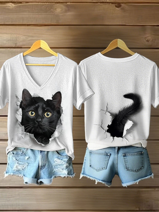 Gato engraçado feminino imprime t-shirt casual