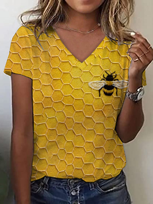 Tee V-Neck Bee Print Casul feminino
